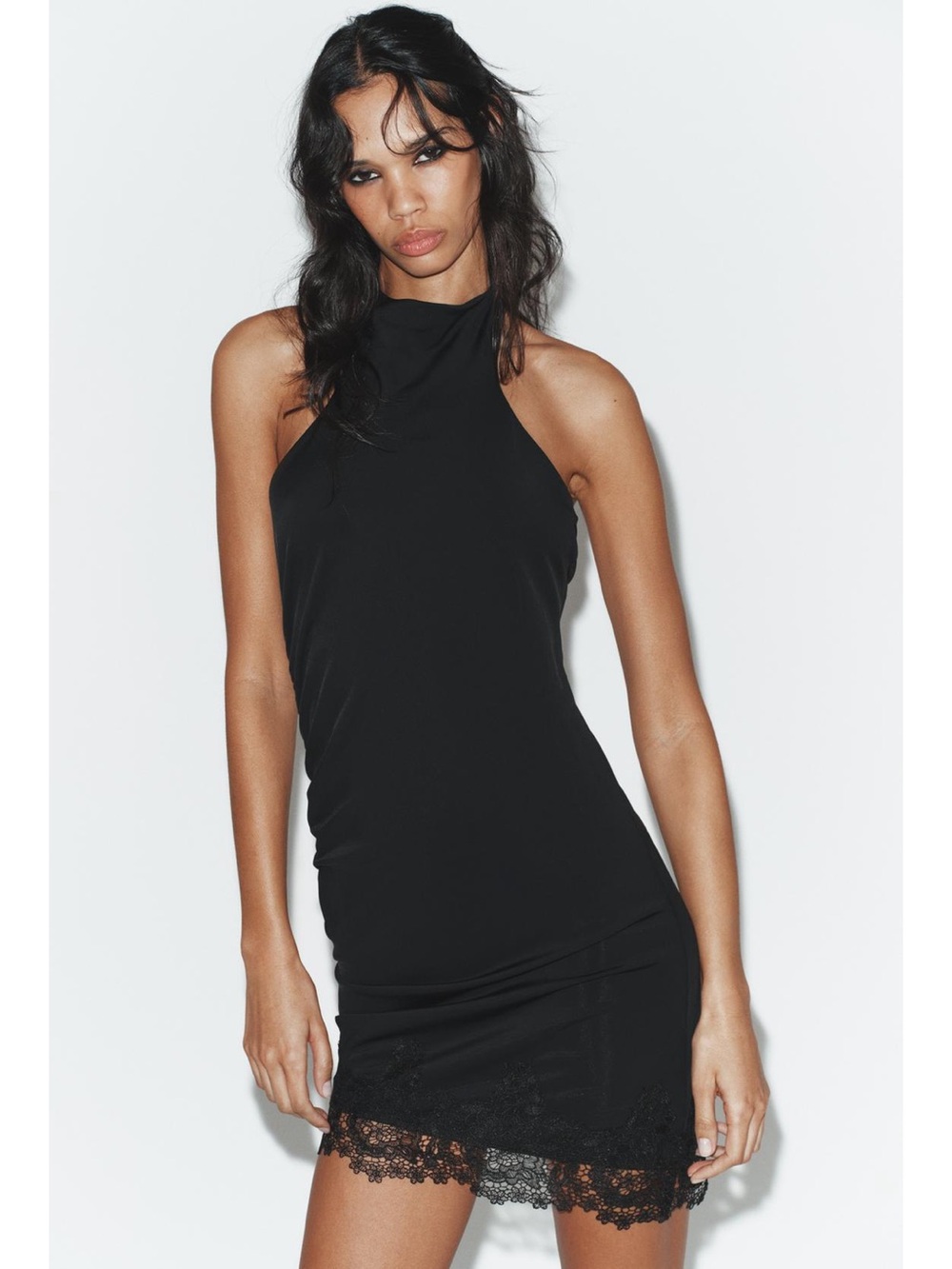 Zara Black Halter Neck Mini Dress with Lace Hem - Picture 3 of 9